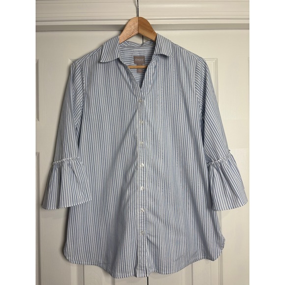 Chico's Tops - Chico's Blue White Striped Bell Sleeve Ruffle Button Down Shirt Size 1 Medium